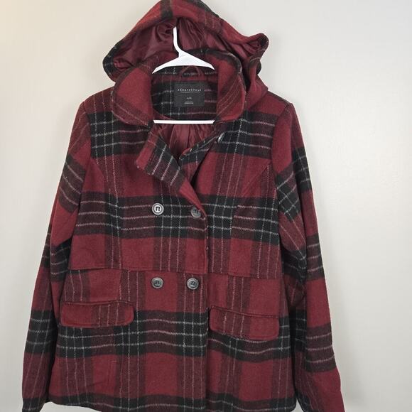 Aeropostale Womens Red Black Lined Hooded Peacoat Winter Jacket XL Double Brstd - Picture 2 of 7